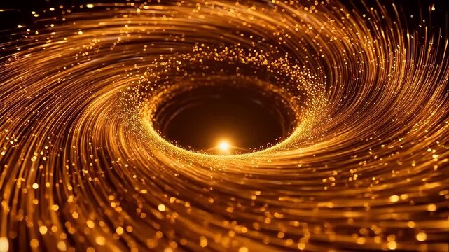 Golden swirling light vortex with bright center and scattered points on dark background