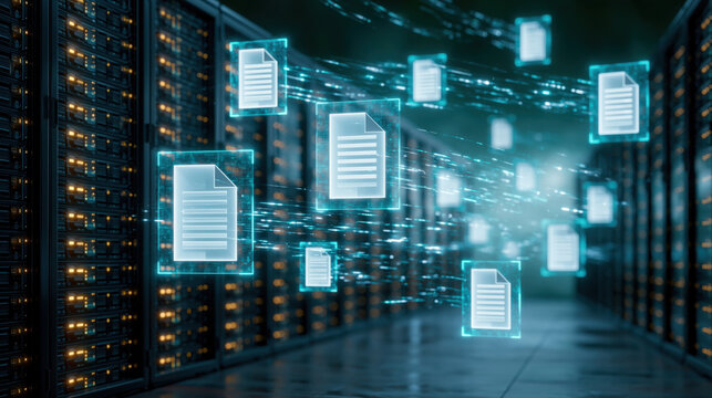Futuristic data center corridor with glowing document icons and fast data streams conveying secure digital file transfer and cloud storage