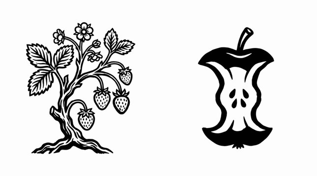 Strawberry Plant with Fruit and Apple Core Illustration