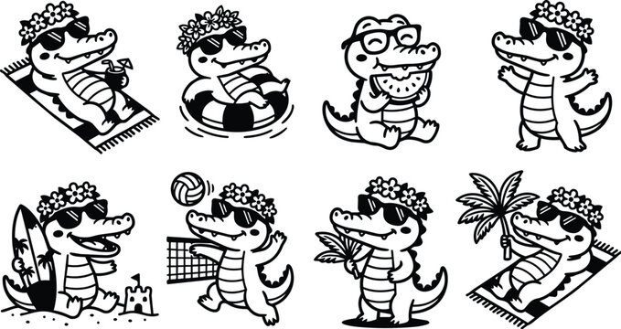 Line art alligator beach scene set of cute cartoon gators with flowers and sun
