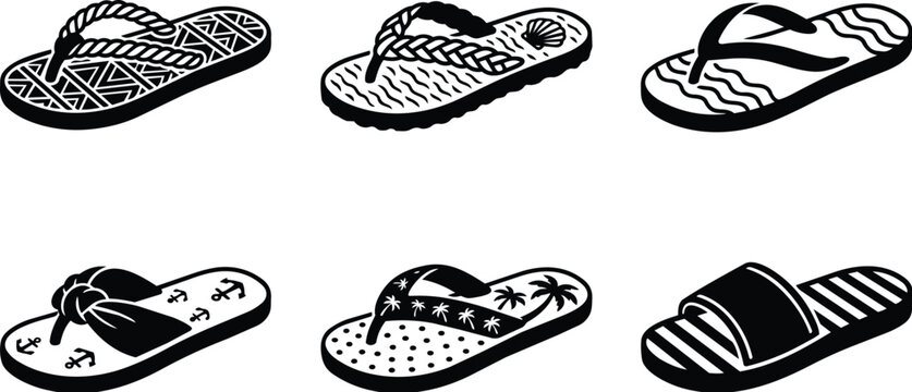 black and white flip flop icons collection for summer vector design