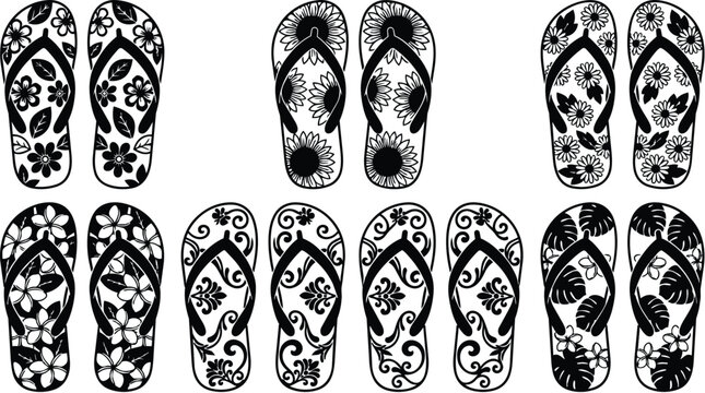 Floral flip flop vector pattern set with distinct ornamental strap designs