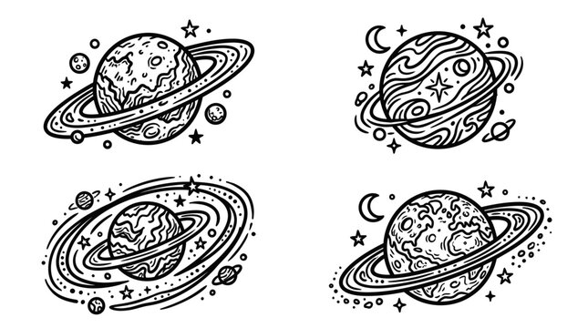 Cosmic Planets with Rings and Stars - Hand Drawn Illustration Set