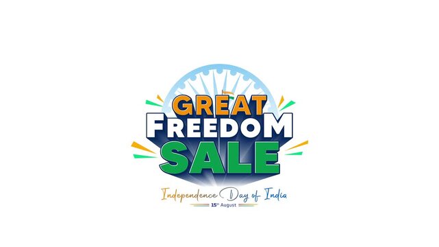 3D text for 'Great Freedom Sale' concept, focusing on retail sales, offers, and deals for India's Independence Day. Promotional graphic animation, motion or video footage.