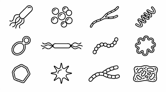 Microbiology Bacteria and Virus Line Icon Set Representing Different Pathogens and Microorganisms.