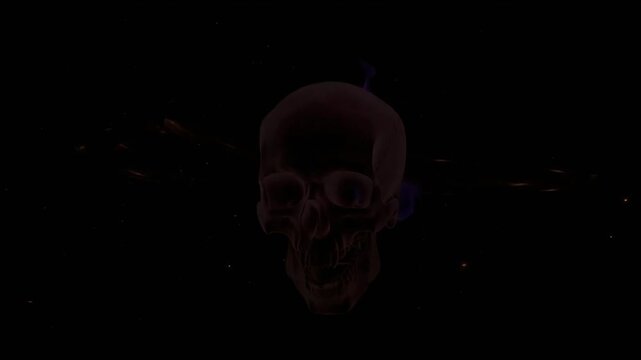 Skull motion graphics featuring intense purple fire and glowing particle effects in a dark background for modern digital video projects