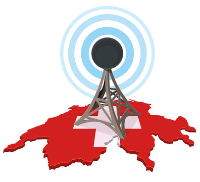 3D isometric vector illustration of Switzerland map with national flag and a telecommunication tower emitting radio signal waves for media broadcast (cut out)