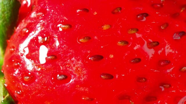 Macro strawberry background showcasing vibrant red flesh and detailed seed patterns, perfect for concepts of organic produce, nutrition, antioxidant-rich fruits, and healthy eating. 4k.
