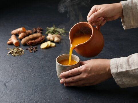 Person pouring hot turmeric tea from clay teapot into ceramic cup on dark surface with herbs. Jamu Southeast Asian
