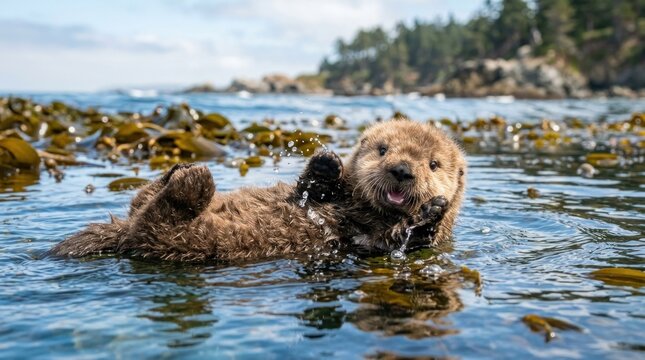 A playful sea otter floating on its back in the ocean, surrounded by seaweed and rocks, with a clear blue sky and distant trees in the background.