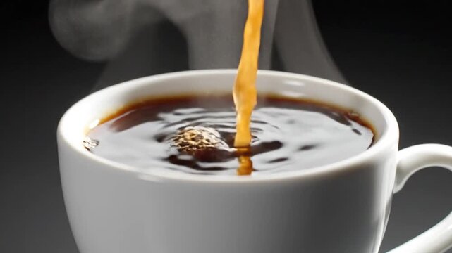 Hot coffee pouring into a white ceramic cup with steam