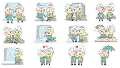 Obraz premium Elderly couple near waterfall sticker pack set. Kawaii cartoon vector illustration of seniors outdoor leisure. Isolated on transparent background