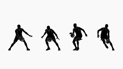 Obraz premium Basketball player silhouettes in dynamic poses a flat vector illustration on a white background silhouette sports athlete dribbling