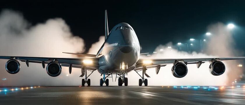 Jetliner on Runway: A wide-body jetliner, illuminated by its landing lights, powers down a dark runway, trailing plumes of smoke and steam from its engines amidst the glow of airport lights.