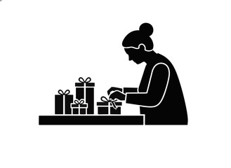 Fototapeta premium Elderly woman wrapping gifts black silhouette. Solid black shape senior female with presents icon. Minimalist vector illustration isolated on transparent background