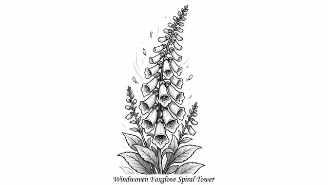 Detailed Black and white Illustration Of A Foxglove Plant With Spiraling Flowers And Foliage digital flower blossom digitalis purple spiked