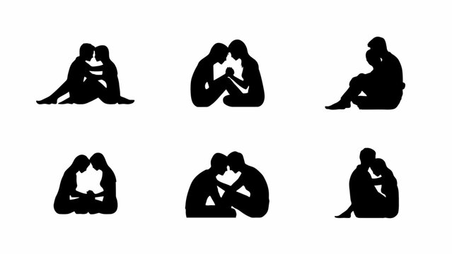 Silhouettes Of Couples Embracing A Collection Of Black Shapes On A White Background affection amorous bonding couple dating