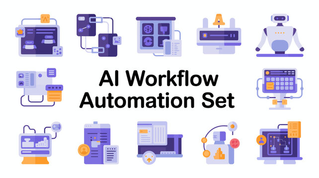 Ai Workflow Automation Set Collection Of Fifteen Flat Icons Representing Artificial Intelligence Concepts machine learning deep icon pictogram