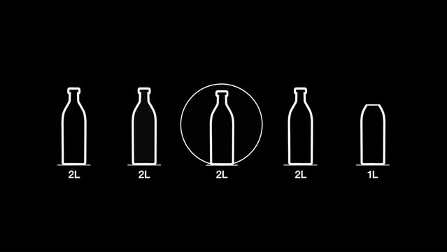White Line Art Bottle Silhouettes With Volume Labels On Black Background Vector Illustration bottles container containers vessel vessels