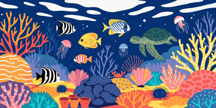 Underwater scene with various sea creatures and coral reefs marine life underwater world ocean life colorful fish tropical fish coral reef marine environment aquatic life water world
