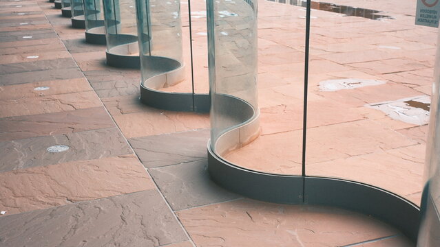 Contemporary urban plaza with cylindrical glass structures