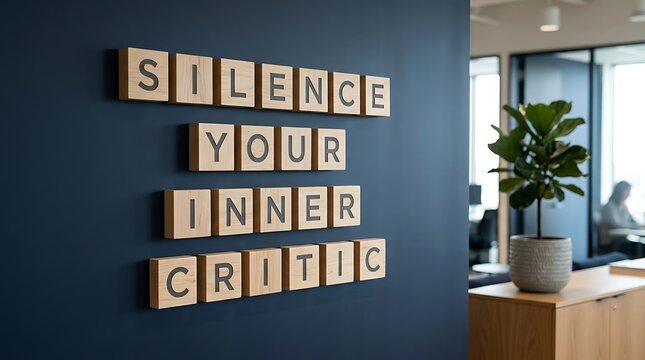 Inspirational quote on wooden blocks spelling Silence your inner critic in office
