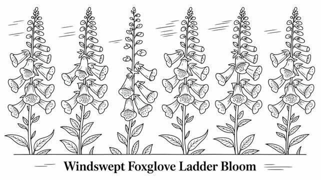 Black and white floral illustration depicting a row of foxglove plants with detailed leaves digitalis flower flowers bloom