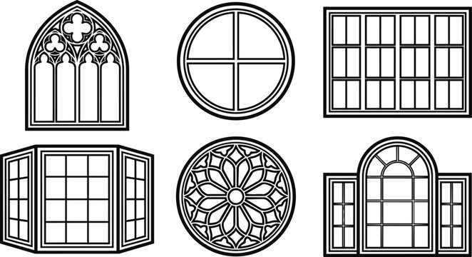 Vector line art windows collection showing gothic arch circle rose and grid panes
