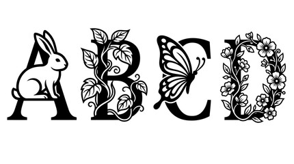 Alphabet Letters A, B, C, D Decorated with Nature Motifs © Wilujeng Graphic