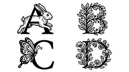 Decorative Alphabet Letters with Nature Motifs: A, B, C, D © Wilujeng Graphic