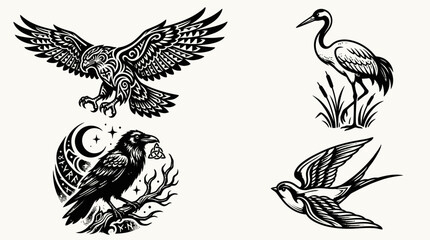 Obraz premium Tribal Bird Silhouettes: Eagle, Raven, Crane, Swallow