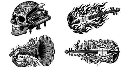 Ornate Skull Piano, Flaming Violin, Gramophone, Music Violin © Wilujeng Graphic