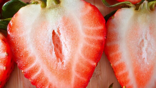 Sliced strawberries on a wooden board highlight natural beauty and freshness, reflecting themes of sustainability, organic cultivation, environmental awareness, and responsible agriculture. 4k.
