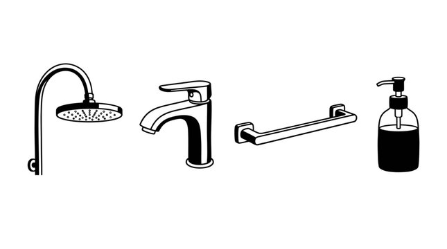 Bathroom Fixtures Collection: Shower, Faucet, Towel Bar, Soap Dispenser
