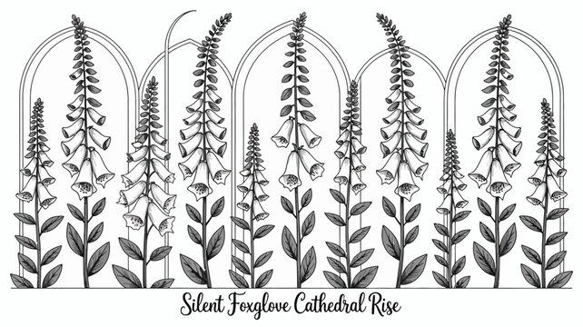 Foxglove botanical illustration with arched frames a detailed black and white engraving style digitalis flower floral vector etching