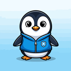 Obraz premium Cute Adorable Little Penguin Character Wearing A Stylish Blue Winter Hoodie Jacket Illustration Cartoon Mascot Design For Kids Apparel Concept