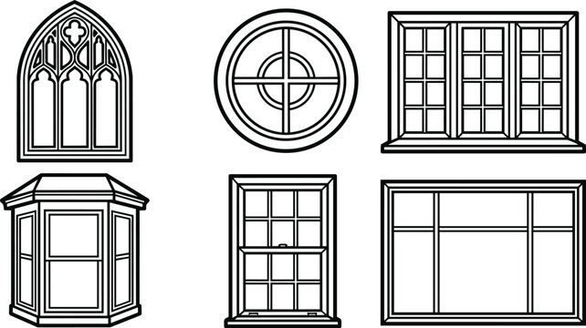 Six window designs including arched and round panels