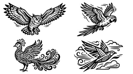 Obraz premium Collection of Four Stylized Birds in Flight - Owl, Parrot, Peacock, Sparrow