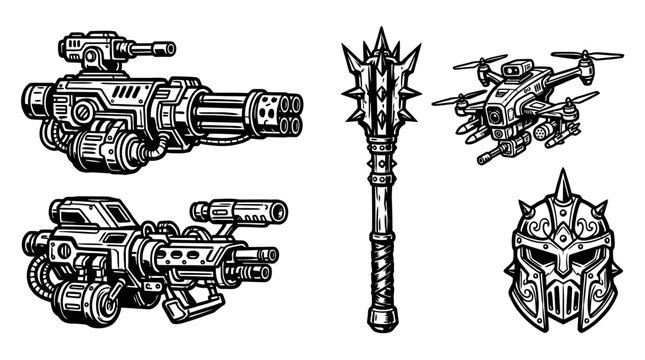 Sci-Fi Weapons, Drone, Mace, and Helmet - Futuristic Battle Gear