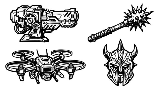 Sci-fi weapons, drone, and warrior helmet illustration