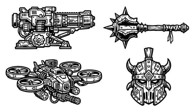 Fantasy Weapons and Armor: Sci-fi Gun, Mace, Drone, Helmet