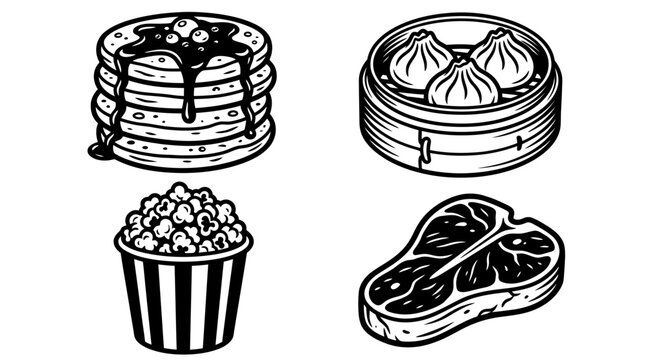 Food icons: Pancakes, Dumplings, Popcorn, Steak