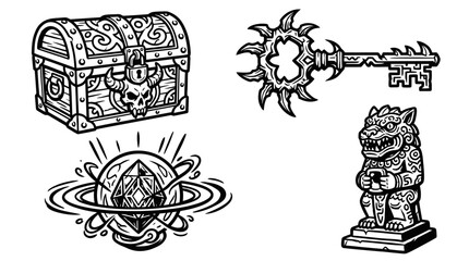 Fantasy Treasure Chest, Key, Gemstone, and Guardian Statue Icons © Wilujeng Graphic