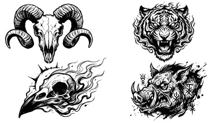 Obraz premium Gothic Animal Skulls and Heads: Ram, Tiger, Raven, Boar