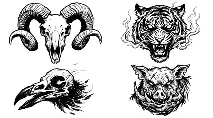 Obraz premium Tattoo Style Animal Skulls and Heads: Ram, Tiger, Raven, Boar