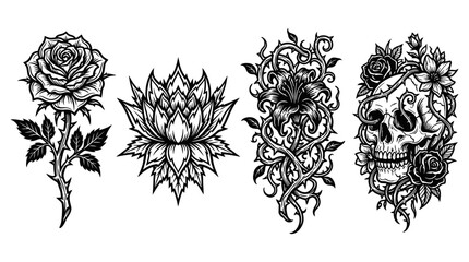 Gothic floral skull and rose tattoo designs illustration © Wilujeng Graphic