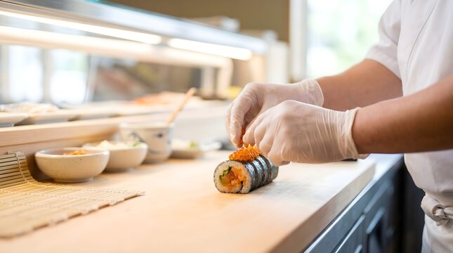 Skilled chef hands placing fresh salmon roe on sushi roll at wooden sushi bar