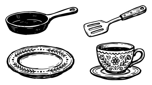 Hand-drawn kitchenware and dishware set, cooking and dining items
