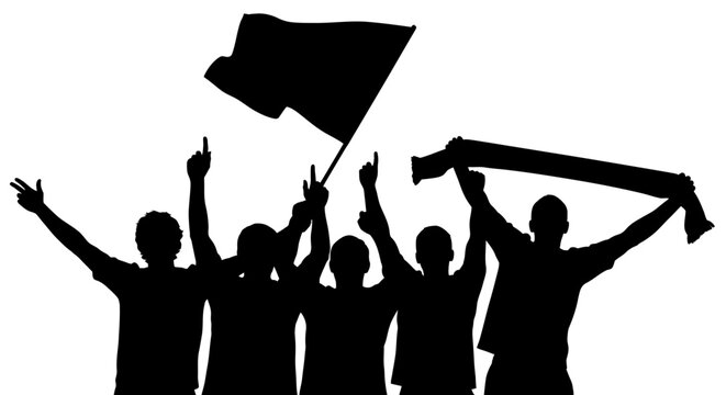 Cheering crowd silhouette with waving flag and scarf at event