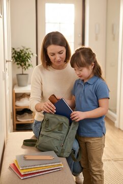 Mother helping daughter pack school backpack in hallway